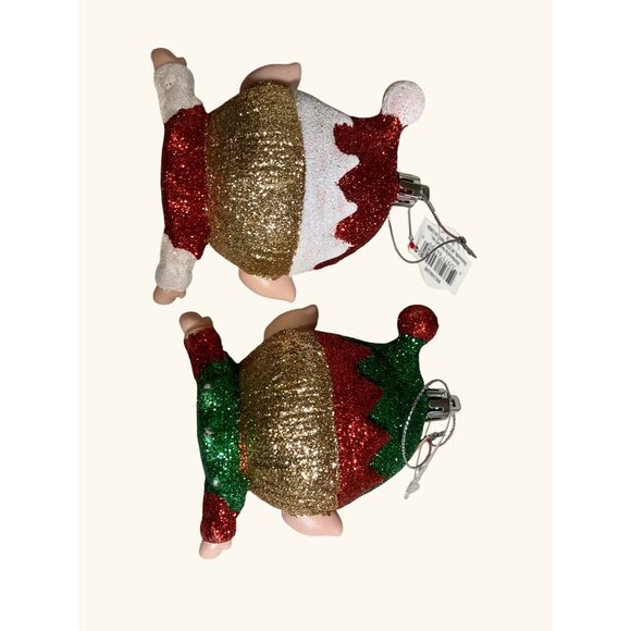 Holiday Time Glitter Elf Christmas Ornaments Set Of 2 Red & Green - Picture 7 of 9
